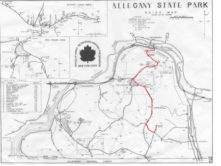 Old Allegany State Park Guide Map showing how to get to Thunder Rocks from Salamanca